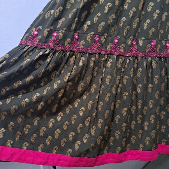 Fusion Printed Cultural Boho Tiered Paisley Midi Dress Olive/Pink Medium NWT - Picture 11 of 14